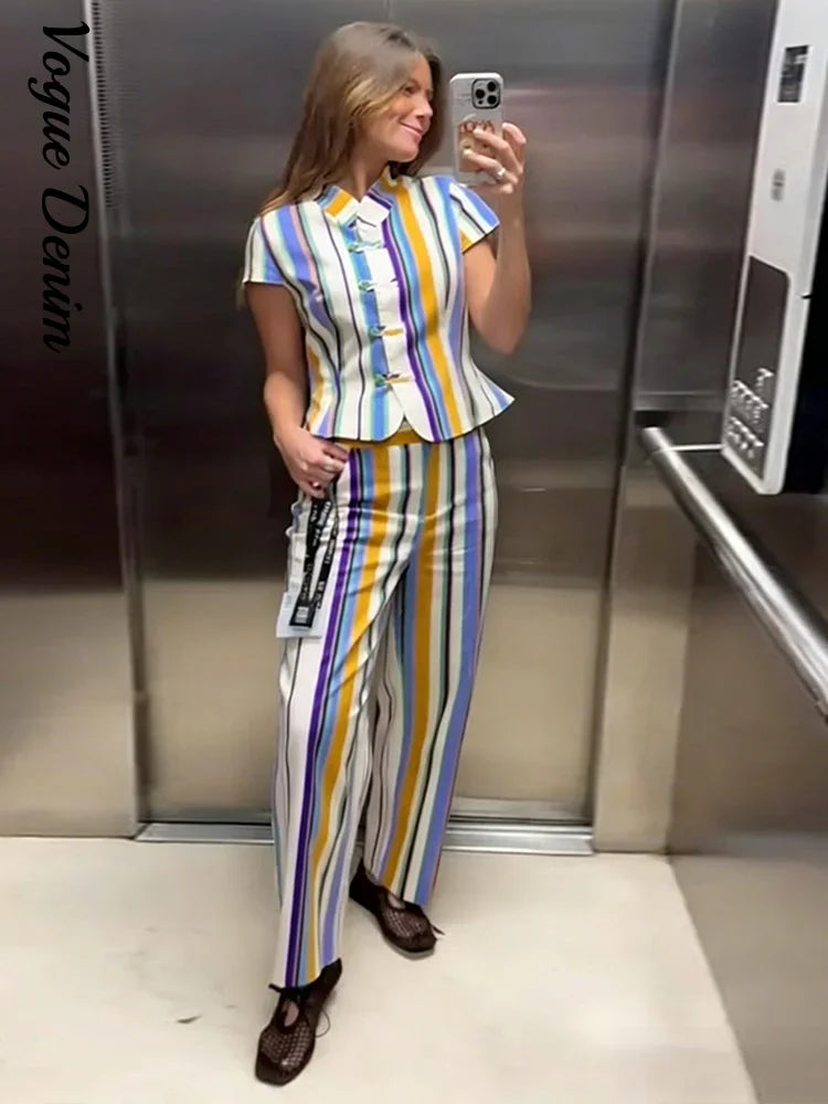 Casual Striped Shirt Trouser Suits Women Short Sleeve V-Neck Button Top LADYLYS