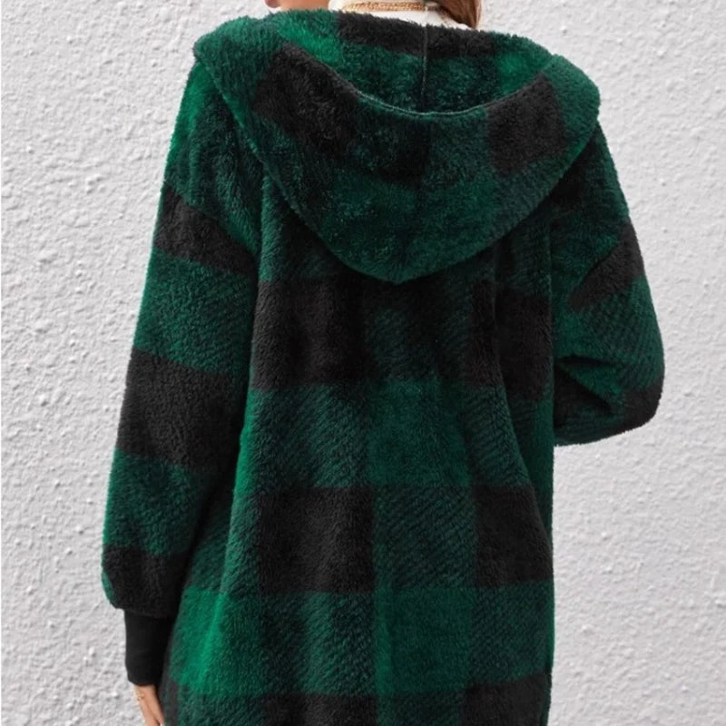 Double Fleece Plaid Cardigan Soft Loose Long Sleeve Plush Warm Hooded Jacket