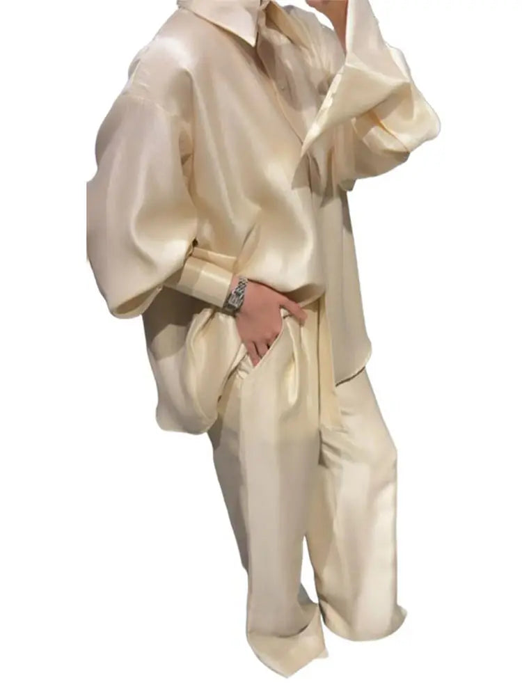 Women's 2-Piece Satin Set – Oversized Lapel Blouse & High-Waist Wide-Leg Trousers | Chic Street Style