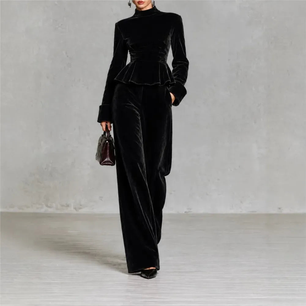 Women's Velvet Two-Piece Set with Wide-Leg Trousers