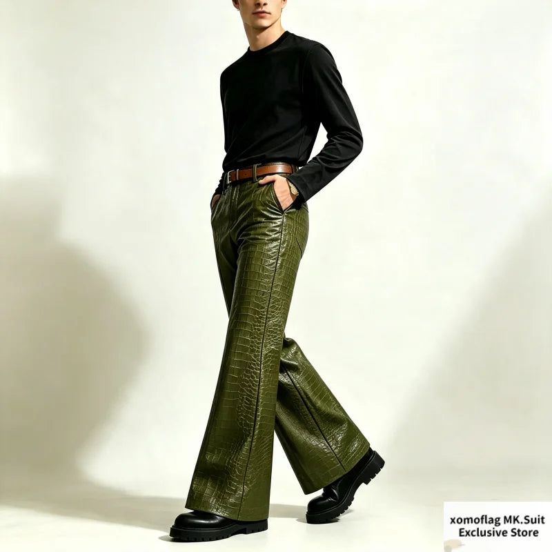 Men’s Crocodile-Effect Faux Leather Flare Pants