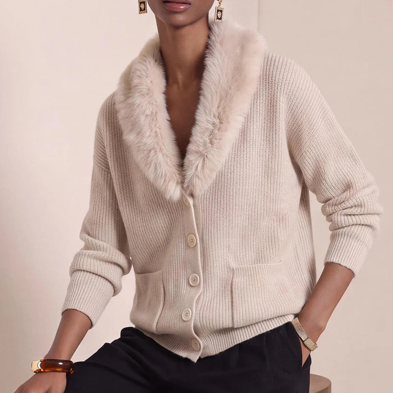 Women's Vintage V-Neck Knit Cardigan with Faux Fur Trim