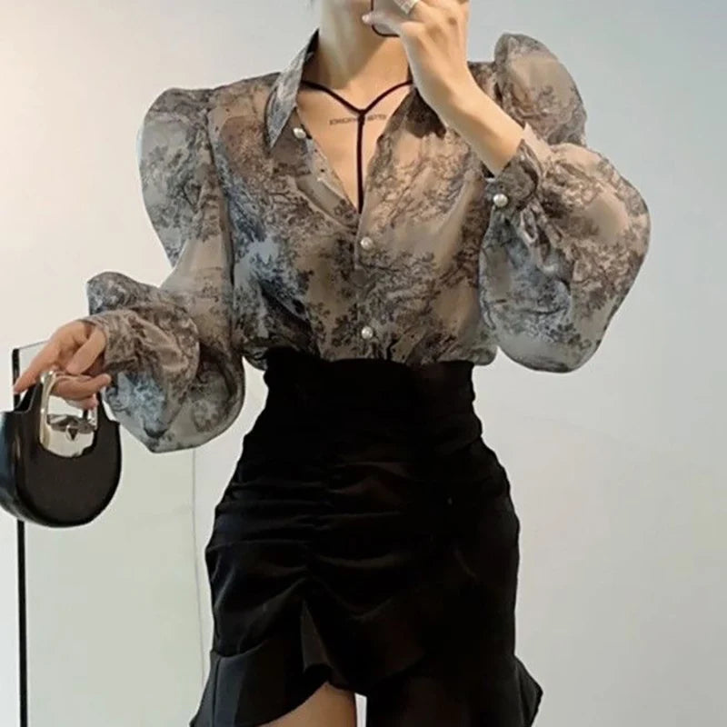 Vintage Printed Lapel Button Puff Sleeve Shirts Lady Blouses