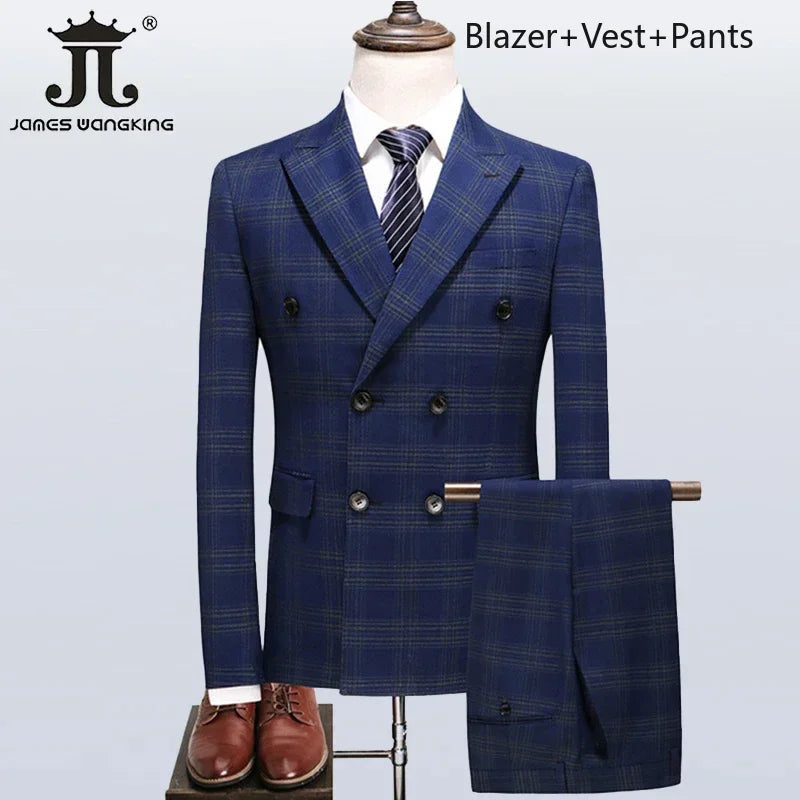 Men's Formal Suits 3 Piece Set British Plaid Style (Blazer + Vest + Trousers) LADYLYS