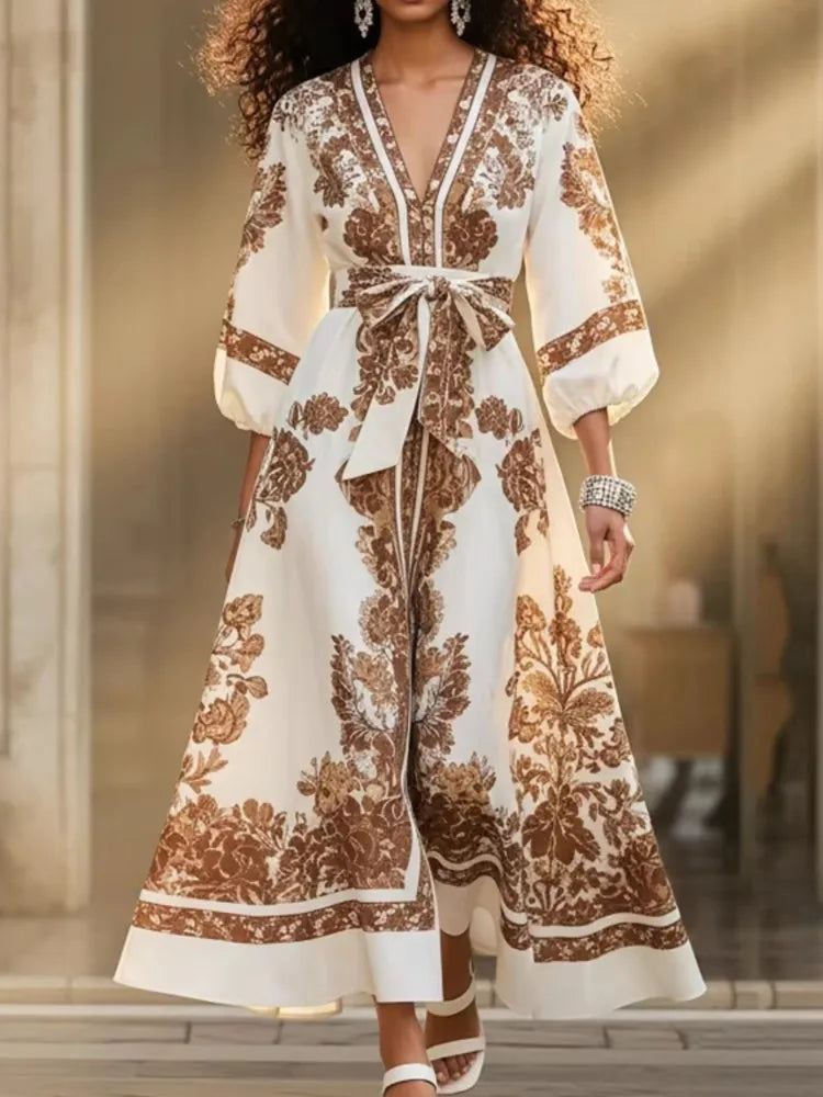 Bohemian Print Long Dress – V-Neck Lantern Sleeve Belt Waist | Casual Vacation Maxi