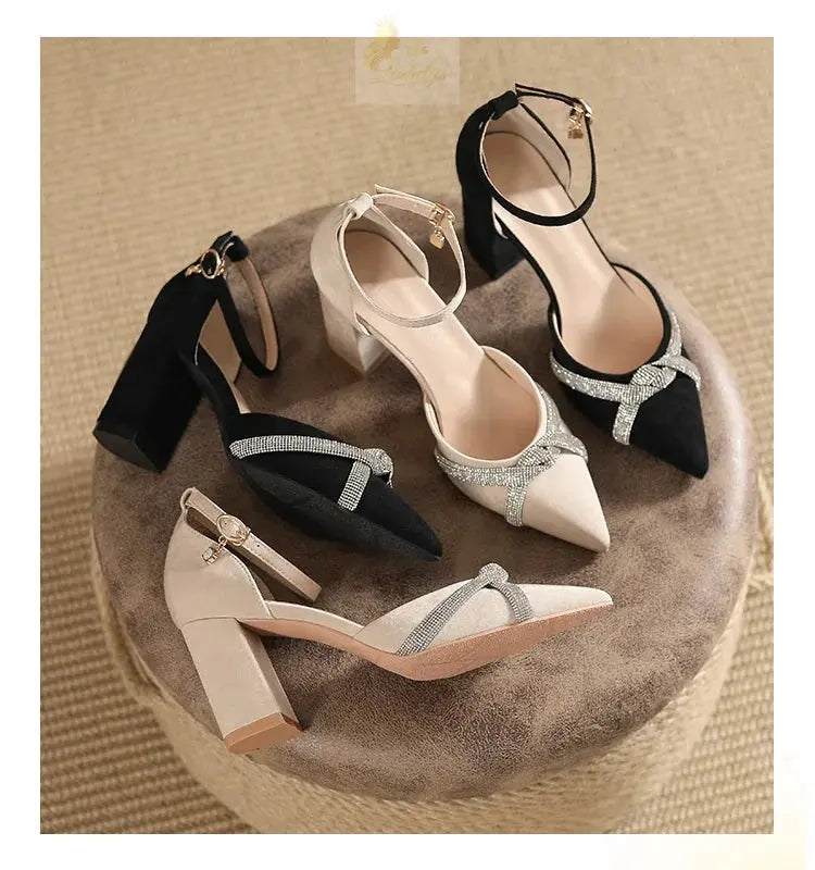 Chunky Heel Hollow Point Toe High Heels Women Shoes Solid Color Ankle Strap Rhinestone Black Heels LADYLYS