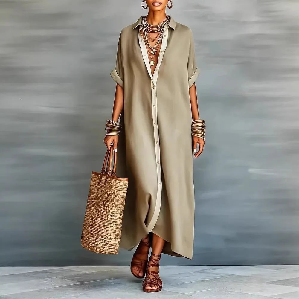 Patchwork Button Shirt Midi Dress – Short Sleeve Loose Beach Vacation Dress