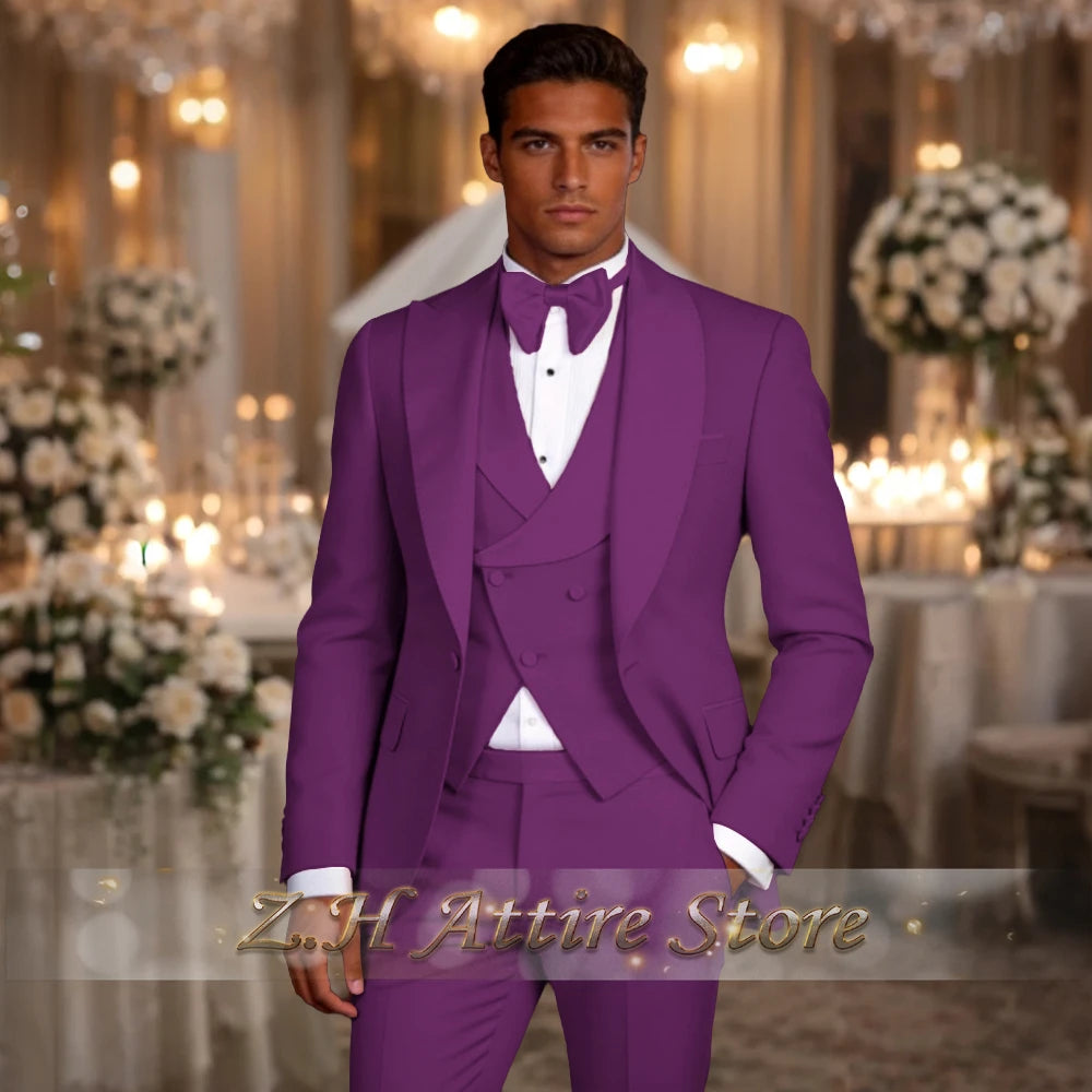 Elegant men's 3pcs suit spliced satin lapel jacket vest pants LADYLYS