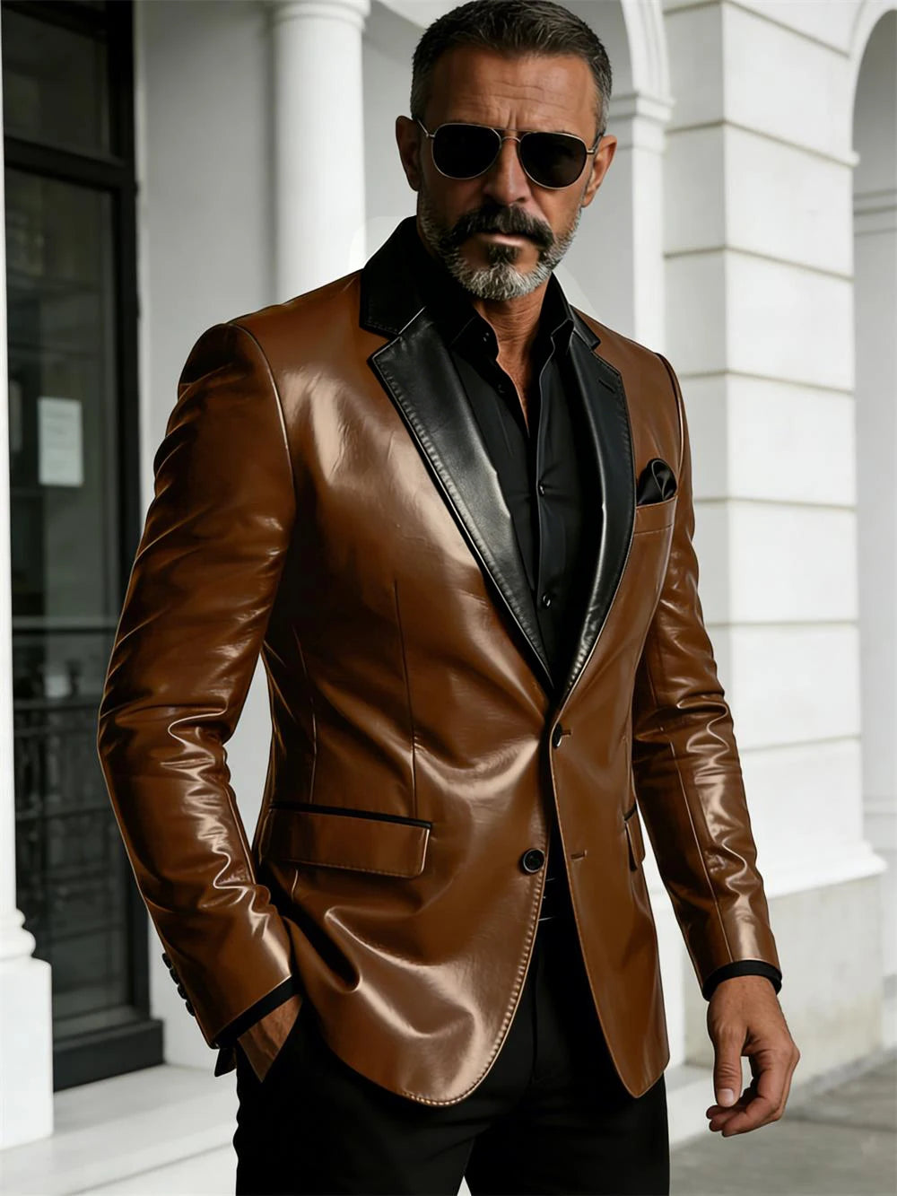 Men's Slim-Fit Two-Button Blazer with Leather Finish