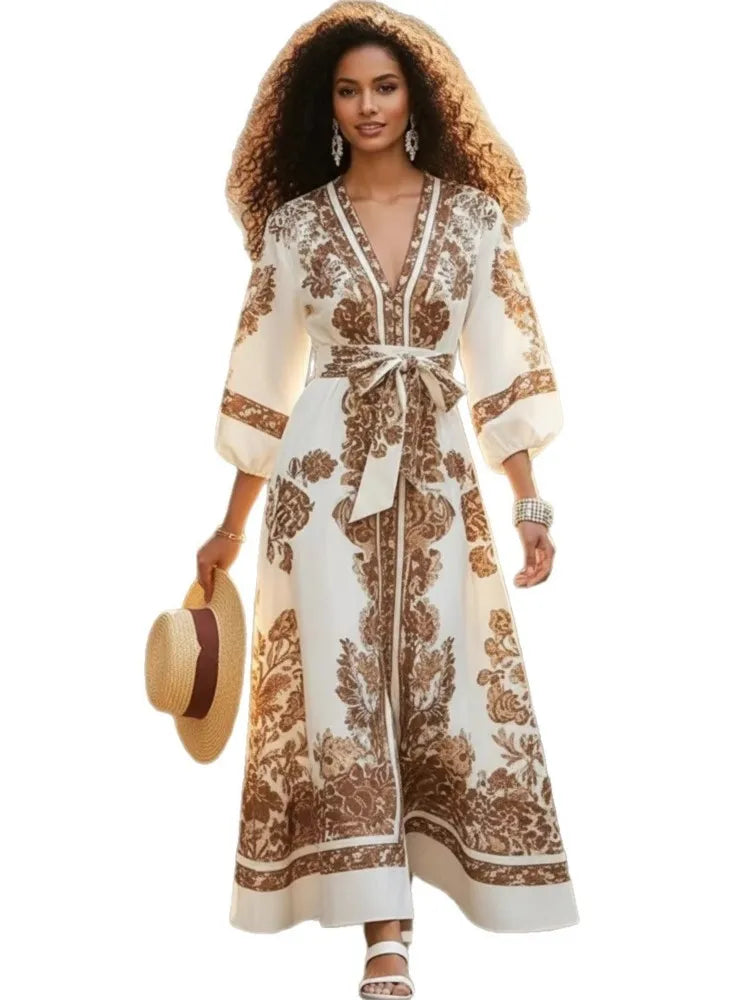 Bohemian Print Long Dress – V-Neck Lantern Sleeve Belt Waist | Casual Vacation Maxi