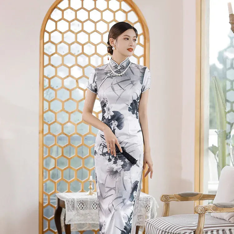 Printed Short-Sleeve Qipao-Inspired Midi Dress