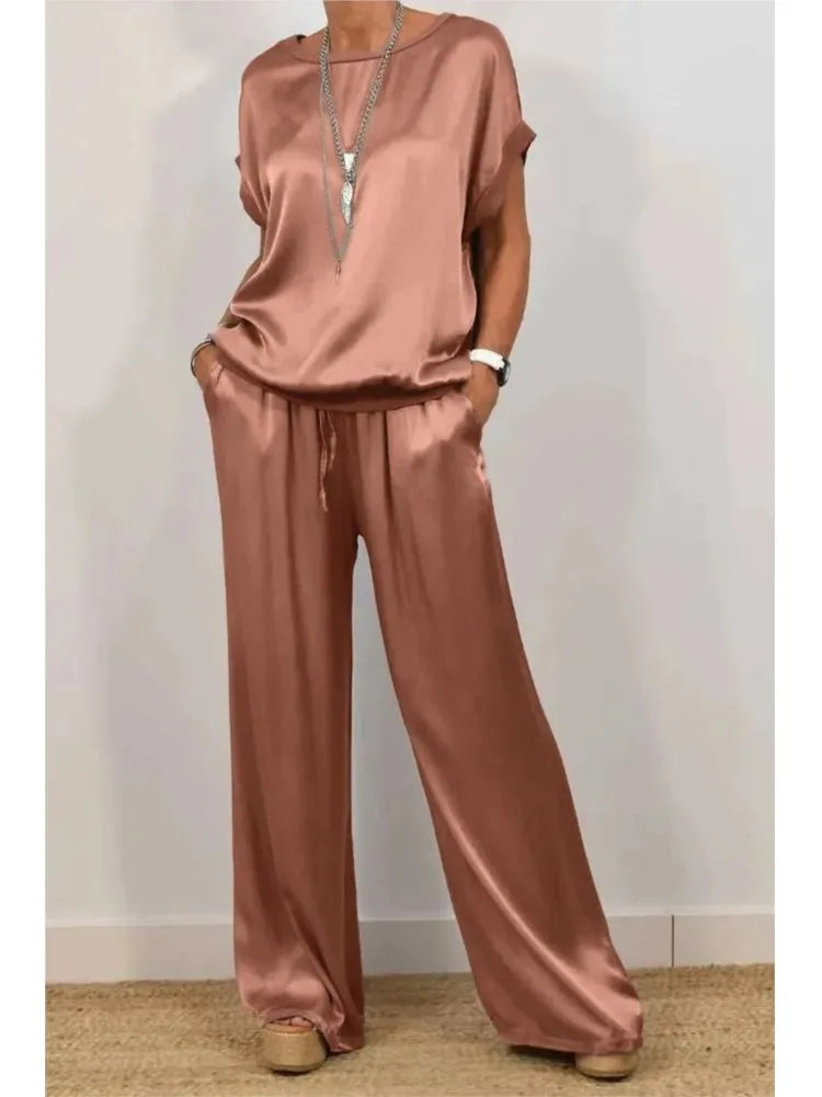 2-piece Set Fashion Satin O Neck T-shirt Top Trousers Summer Retro Elegant LADYLYS