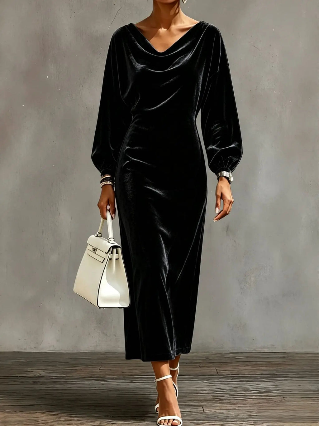 Women's Elegant Cowl Neck A-Line Dress with Lantern Sleeves
