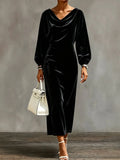 Women's Elegant Cowl Neck A-Line Dress with Lantern Sleeves