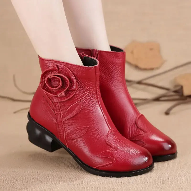 Women's Leather Ankle Boots with Low Heel and Zip