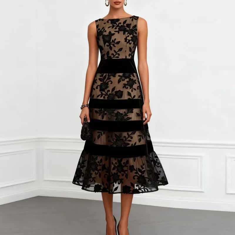 Floral Lace Mesh Sleeveless A-Line Dress – Elegant Formal Evening Gown