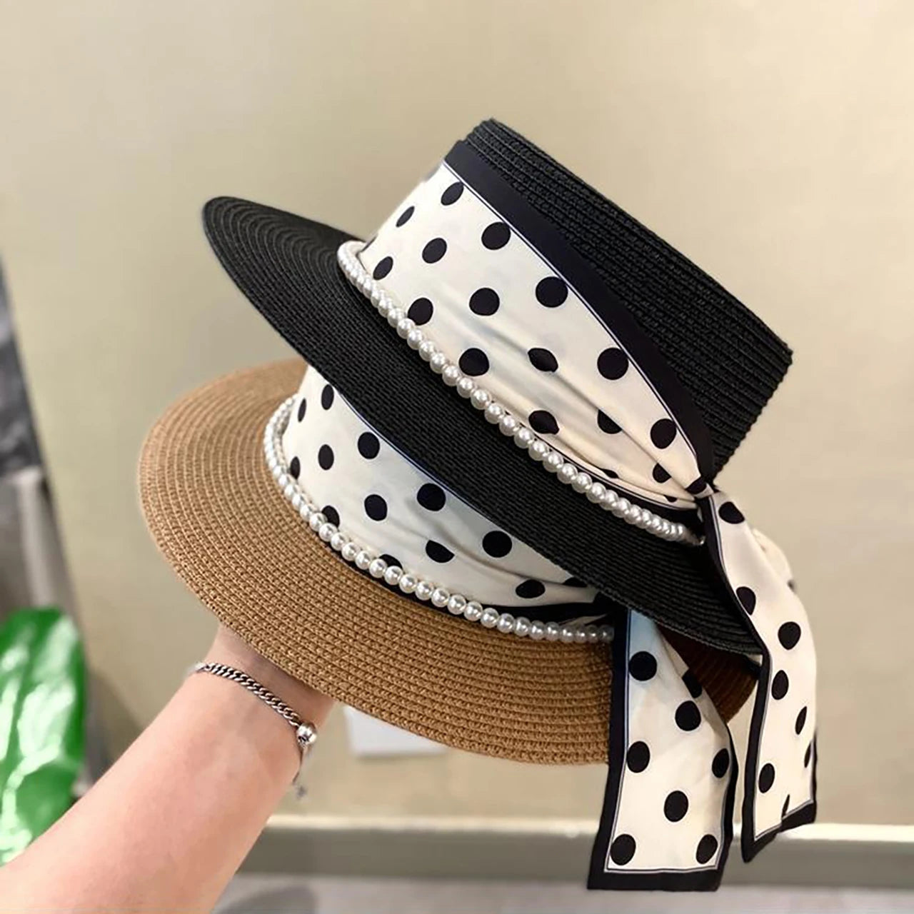Women’s Wide Brim Straw Sun Hat – Pearl & Dot Ribbon Elegant Beach Cap