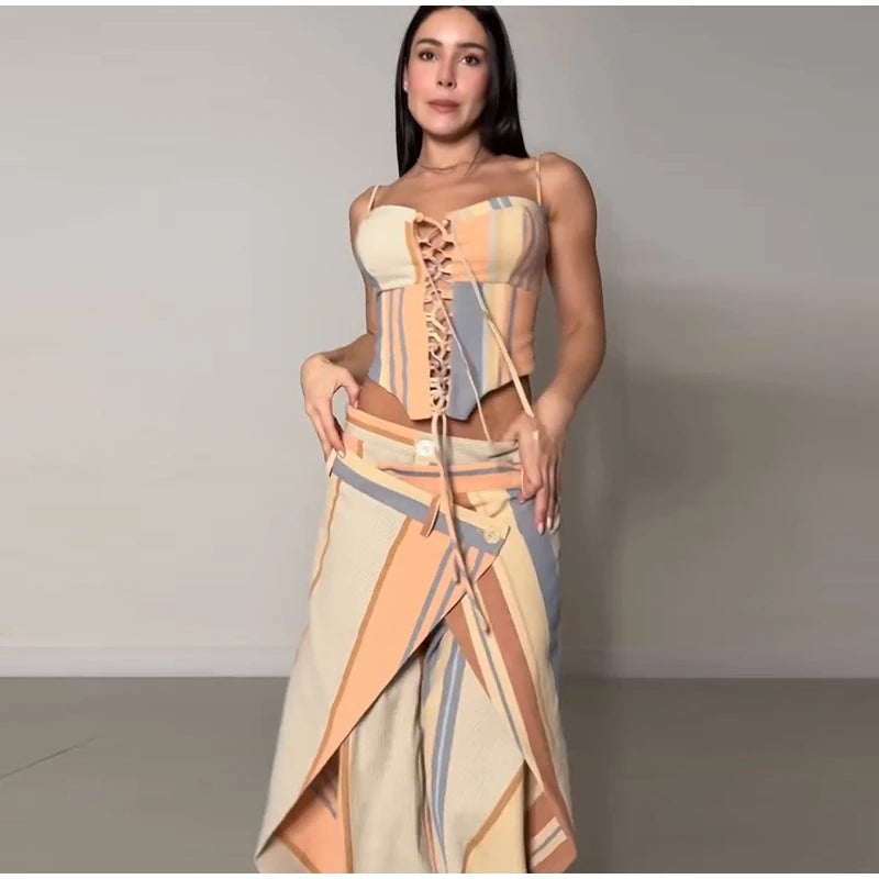 Sexy Print Vest Pants Women Set Beach Patchwork Slash Neck Lace Up Top LADYLYS