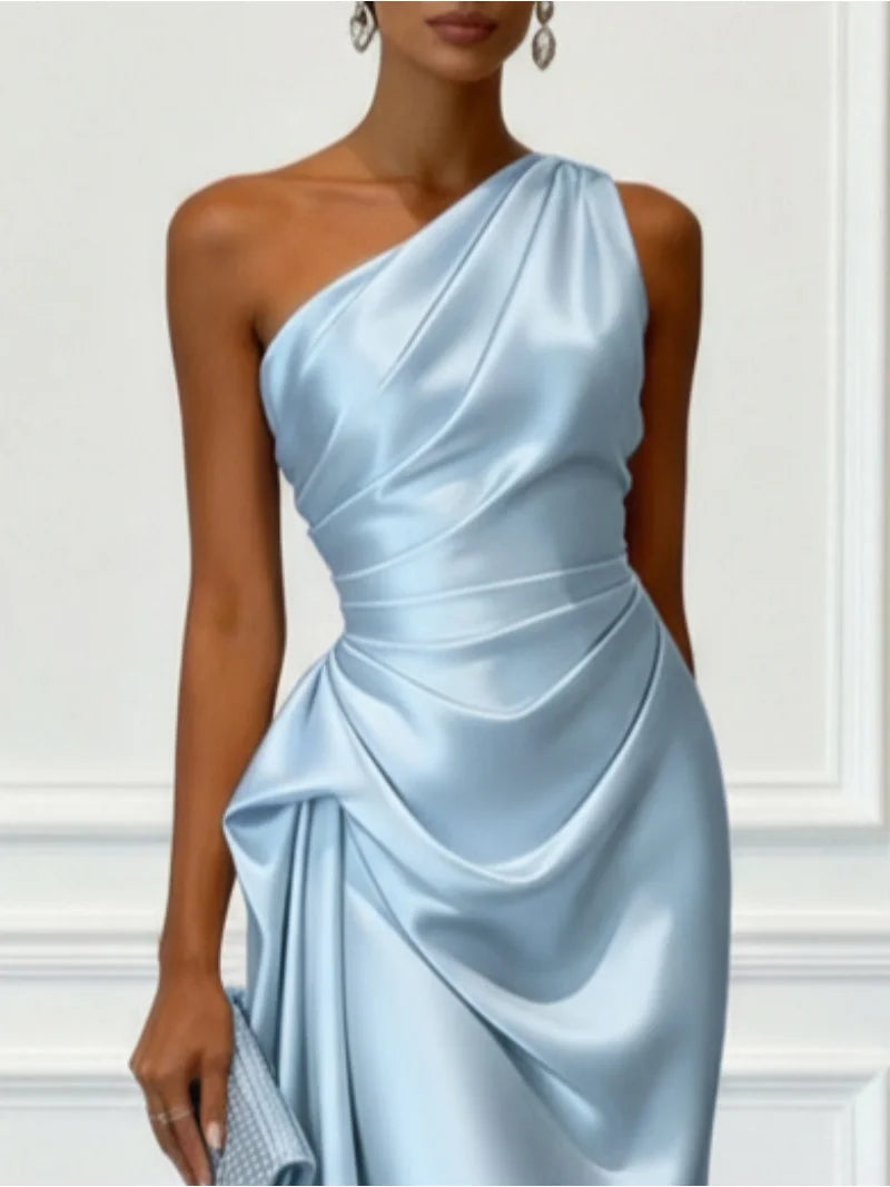 One Shoulder Satin Midi Dress With Ruched Waist Elegant LADYLYS