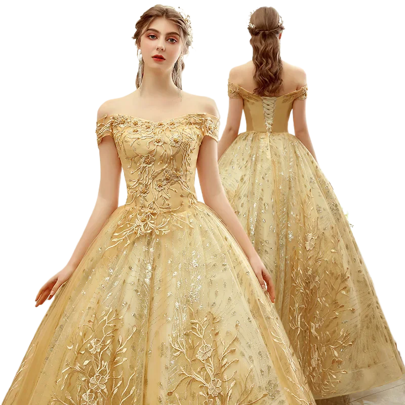 Elegant Gold Quinceanera Dress Off Shoulder Lace Embroidery LADYLYS
