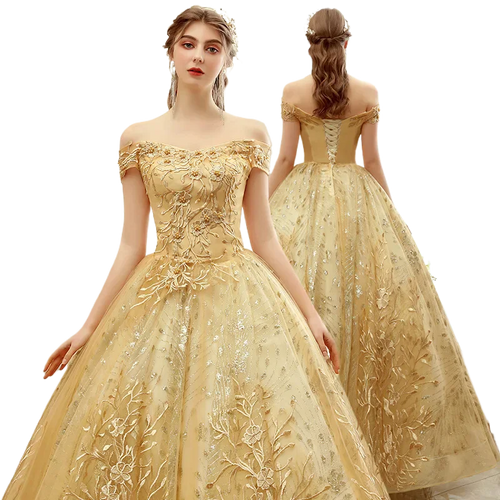 Elegant Gold Quinceanera Dress Off Shoulder Lace Embroidery LADYLYS