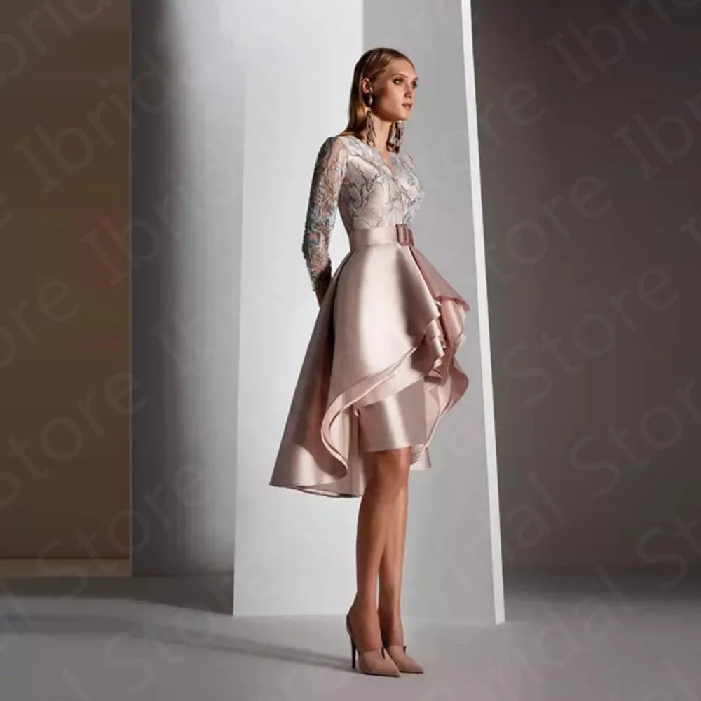 Pearl Pink High-Low Mother of the Bride Dress – 3/4 Sleeve Lace Gown