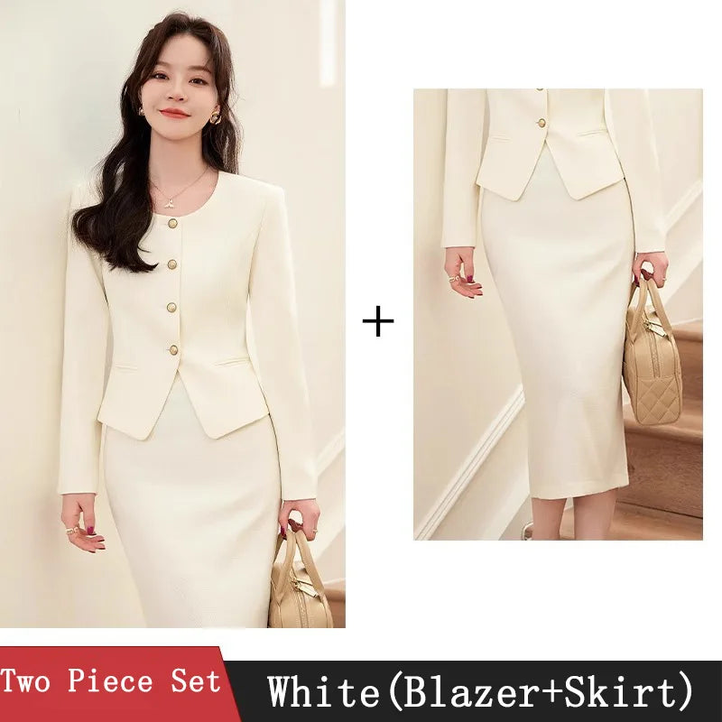 Women's 2-Piece Business Skirt Suit – Long Sleeve Blazer & Midi Skirt | Office Professional Set