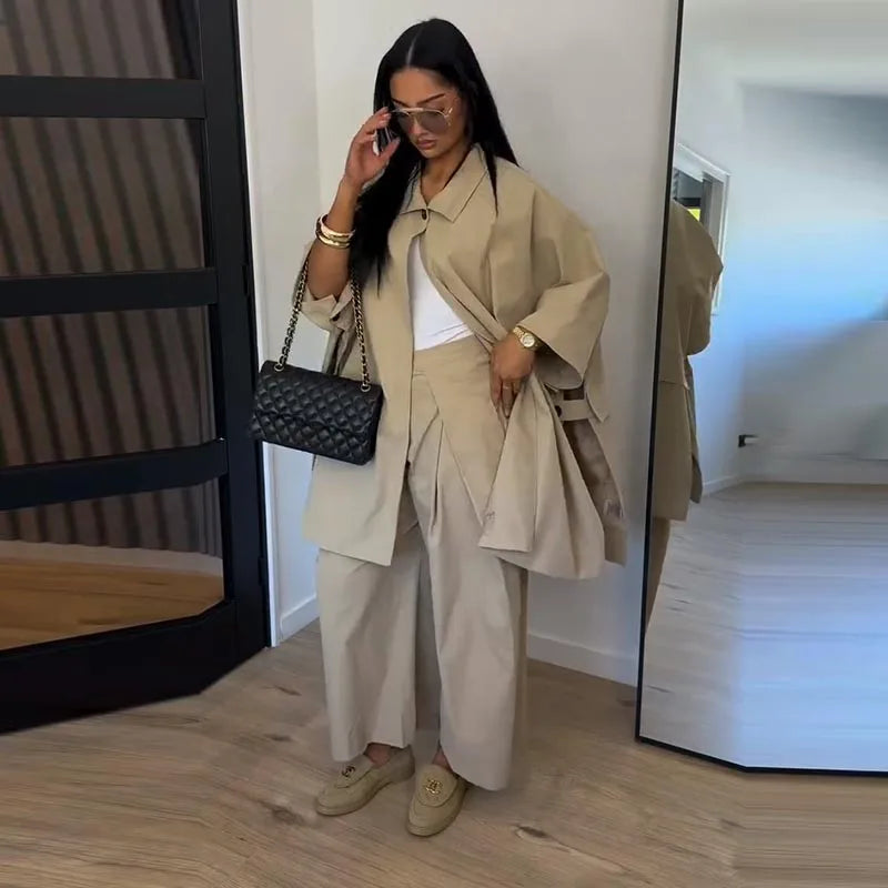 High Neck Single Button Cape Coat&Wide Leg Pants Two-Piece Set LADYLYS