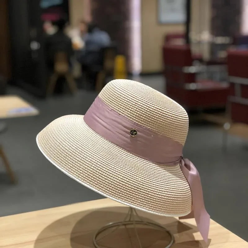French Retro Straw Sun Hat with Bow Detail - Hepburn Style Elegant Wide Brim LADYLYS