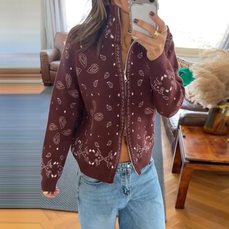 Women's Boho Jacquard Knit Cardigan with Stand Collar and Zip