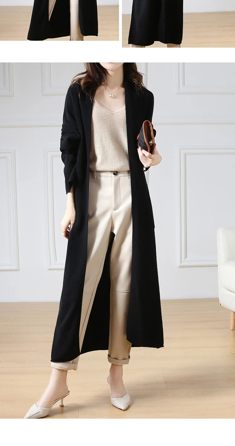 Women's Long Wool V-Neck Cardigan, Loose Fit