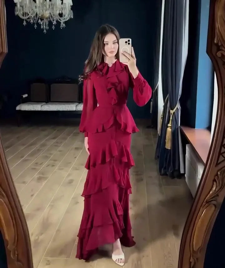 Women's Elegant Layered Ruffle Maxi Dress with Long Sleeves and Belt
