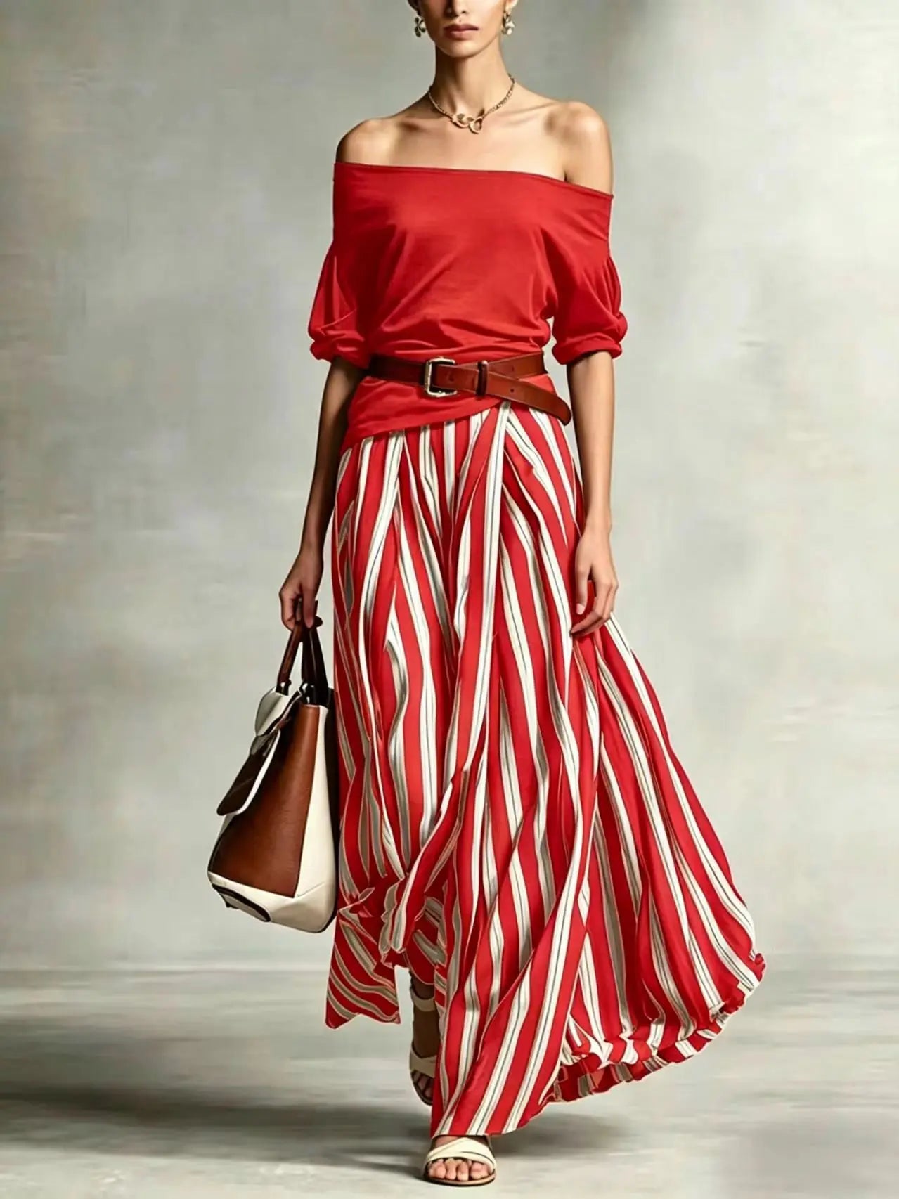 Women's 2-Piece Boho Set – Off-Shoulder Puff Sleeve Top & Vertical Stripe Flowy Maxi Skirt | Casual Vacation Outfit