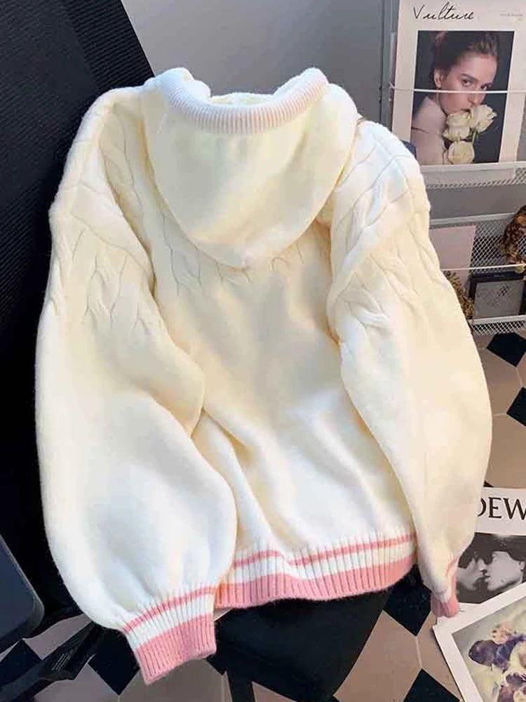 Women's White Hooded Knit Cardigan, Loose Fit
