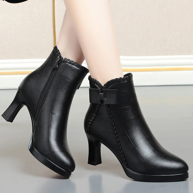 Women's Velvet Stiletto Ankle Boots – Pointed Toe Platform Booties with Bow Detail