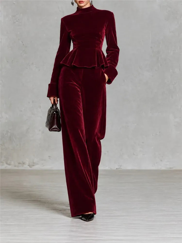 Women's Velvet Two-Piece Set with Wide-Leg Trousers