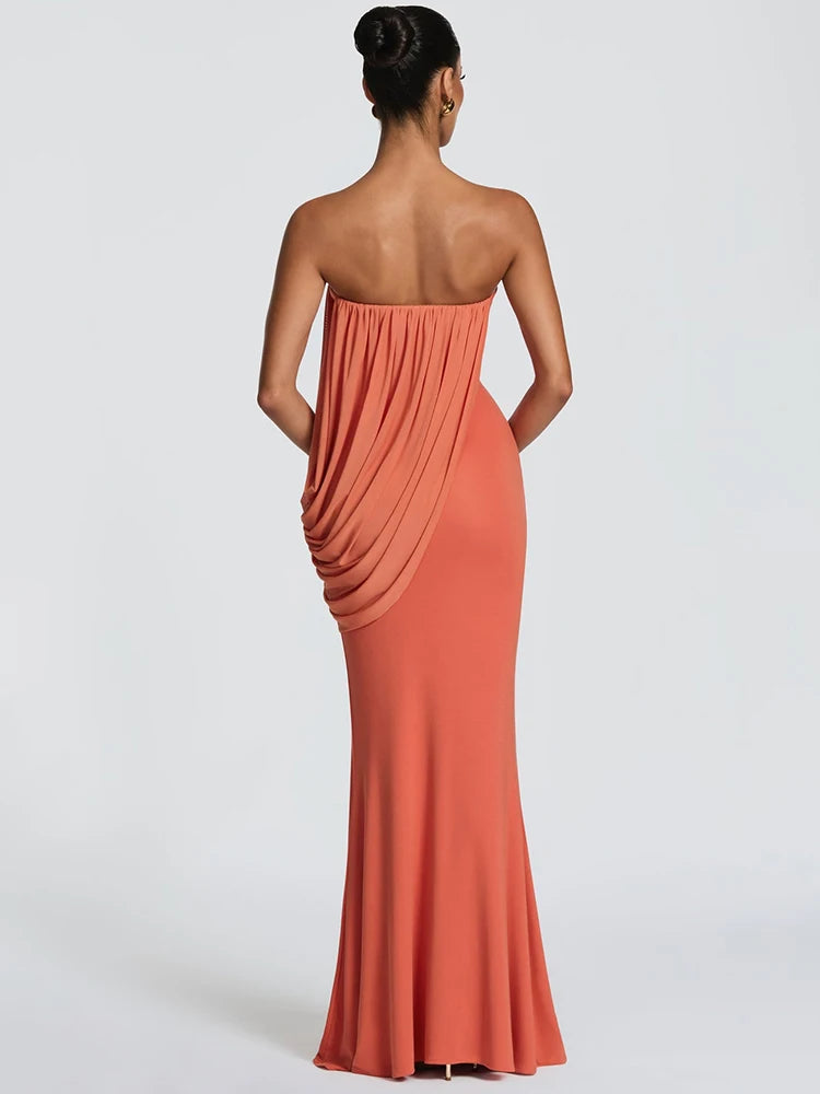 Mesh Backless Off-Shoulder Maxi Dress – Ruched High Waist Slim Evening Gown