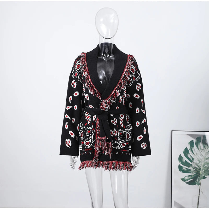 Women's Jacquard Knit Wrap Cardigan with Belt and Fringe Trim