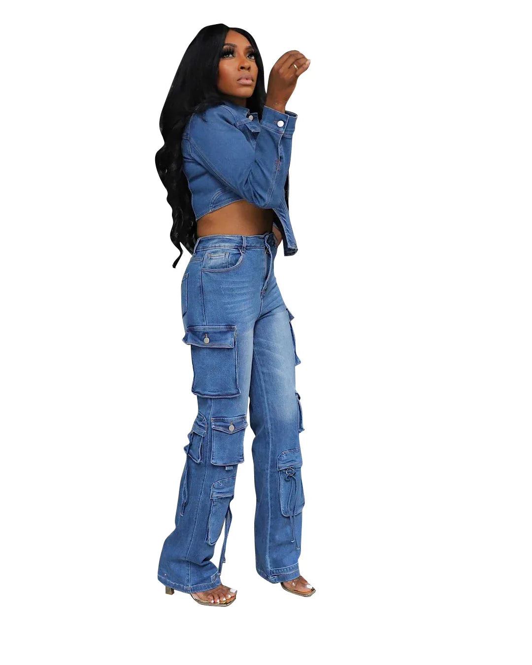 Washed Denim Women's Set Full Sleeve Button Fly Jacket and Pockets Cargo Jeans Pants Suit LADYLYS