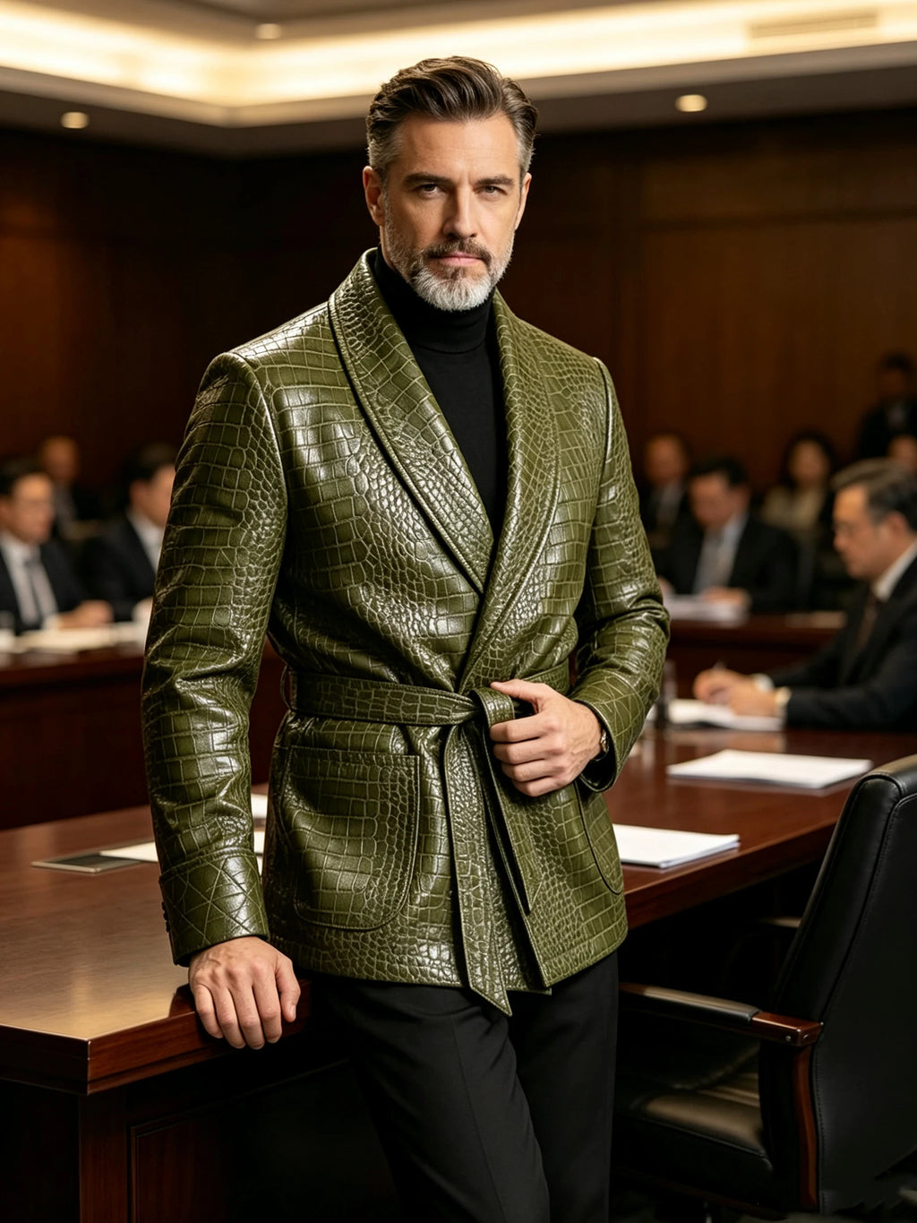 Men's Crocodile-Embossed PU Leather Blazer – Shawl Lapel, Belted, Slim Fit
