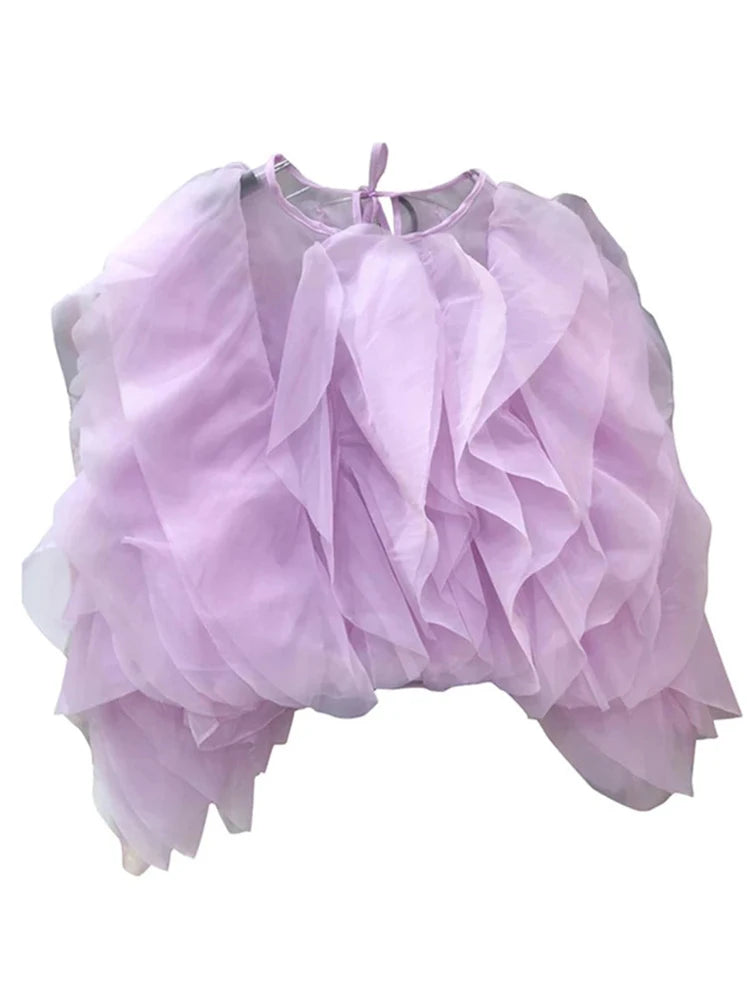 Vintage Patchwork Ruffle Shirt For Women O Neck Lantern Long Sleeve Solid Elegant Blouse