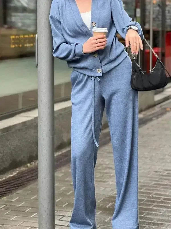 Women's Button-Front Cardigan & Tie-Waist Trousers Set