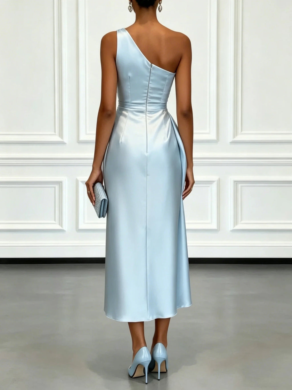 One Shoulder Satin Midi Dress With Ruched Waist Elegant LADYLYS