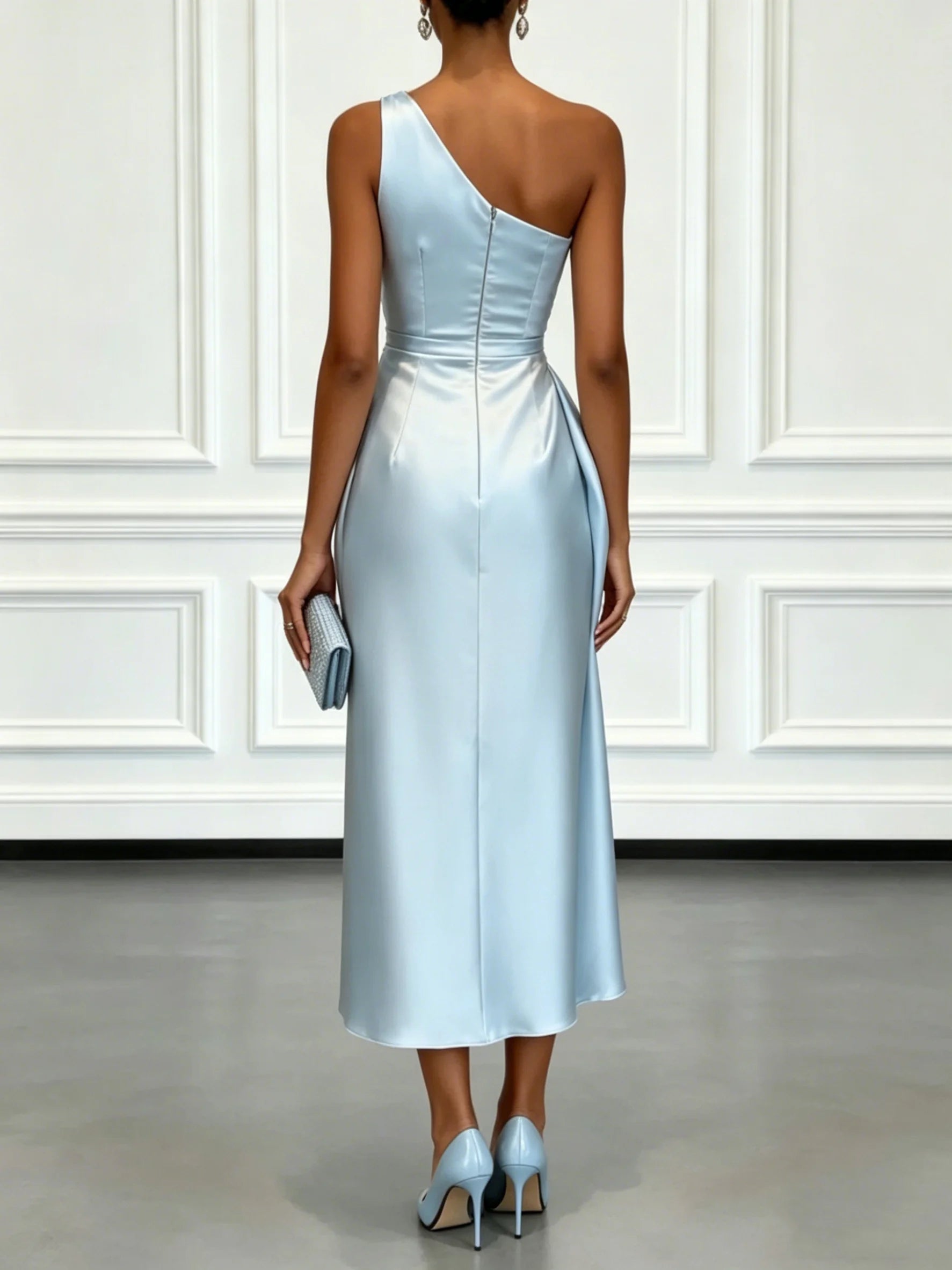 One Shoulder Satin Midi Dress With Ruched Waist Elegant LADYLYS