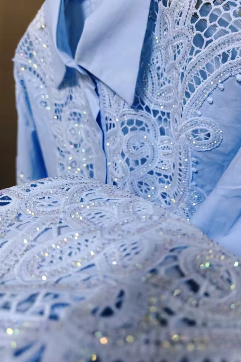 Luxury Design Bling Sequins Embroidery Cotton Shirts Blouses For Women's Long Sleeve Oversize