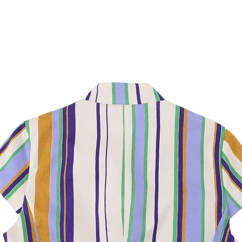 Casual Striped Shirt Trouser Suits Women Short Sleeve V-Neck Button Top LADYLYS