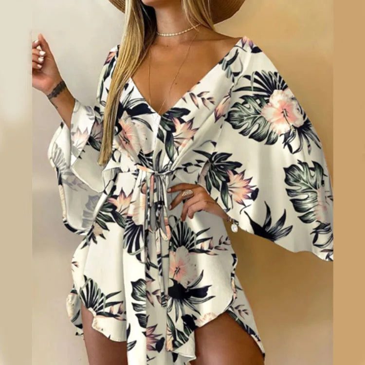 Print Dress Sexy V-Neck Bat Sleeve Ruffl Flowers Mini LADYLYS