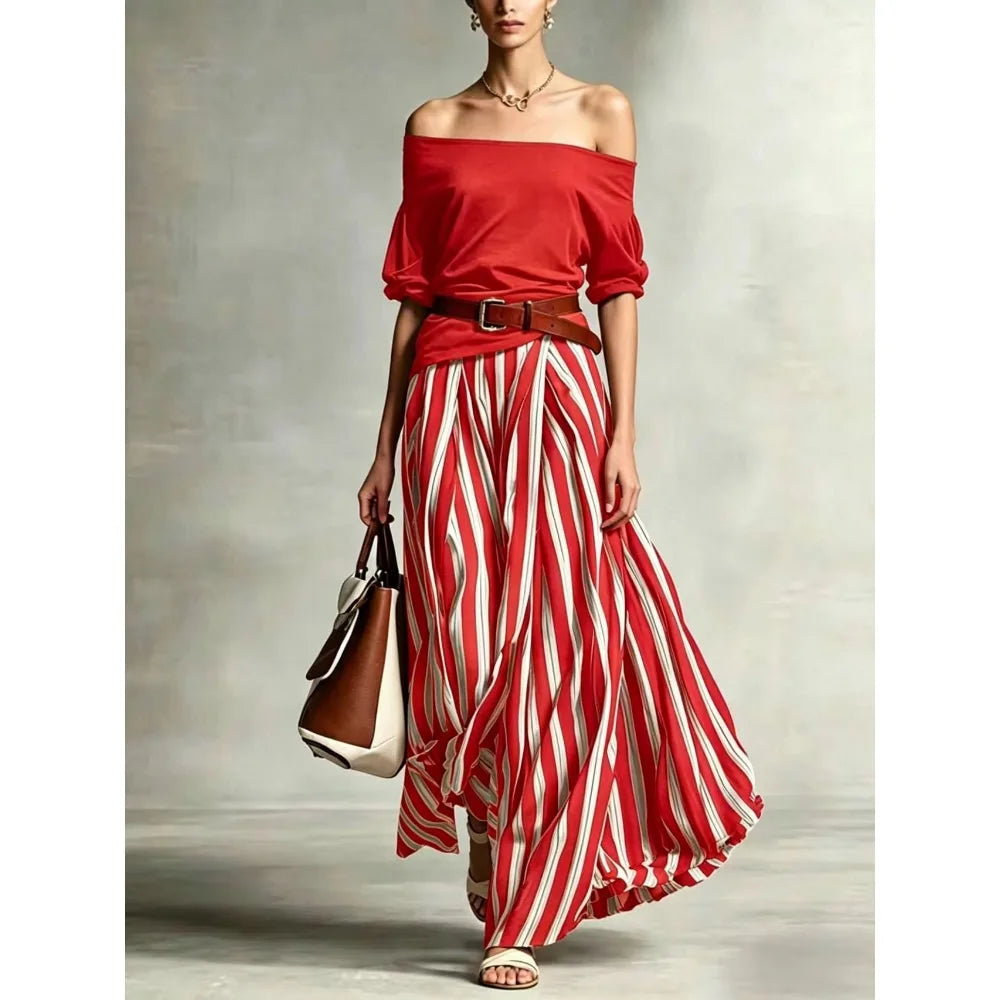 Women's 2-Piece Boho Set – Off-Shoulder Puff Sleeve Top & Vertical Stripe Flowy Maxi Skirt | Casual Vacation Outfit
