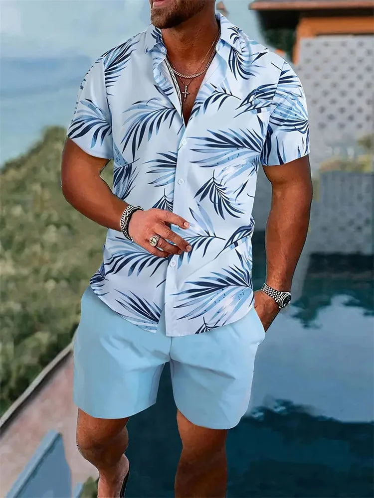 Men's Shirt Shorts Set Two Piece 3D Leaf Print Hawaiian Style LADYLYS