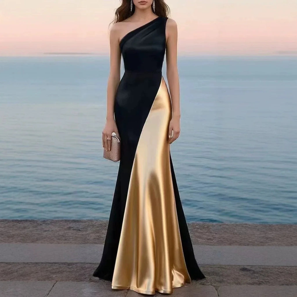 Women's Luxury Satin One-Shoulder Mermaid Gown — Black & Red Patchwork Evening Dress